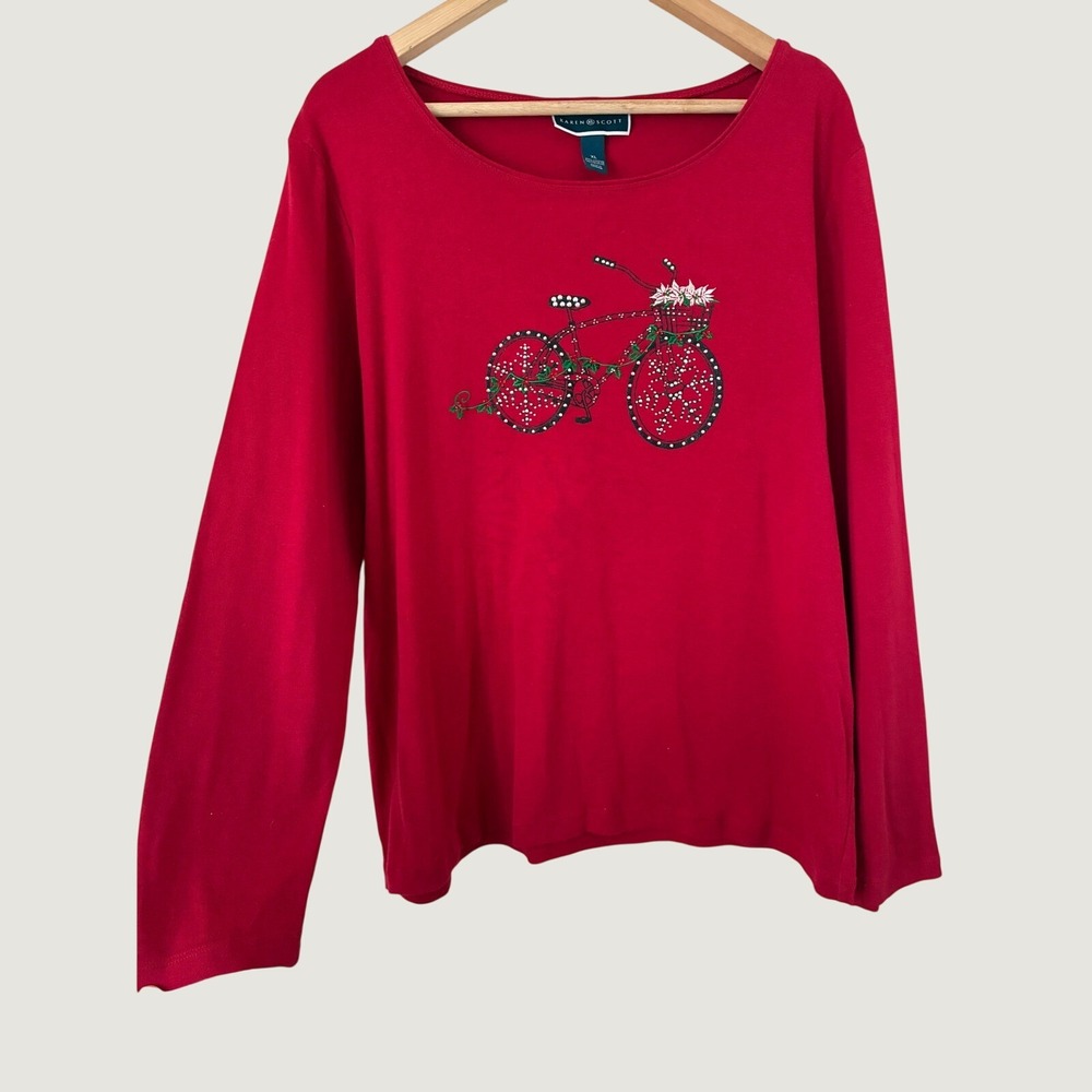 Karen Scott Red Holiday Bicycle Poinsettia Beaded Long Sleeve Cotton Top XL